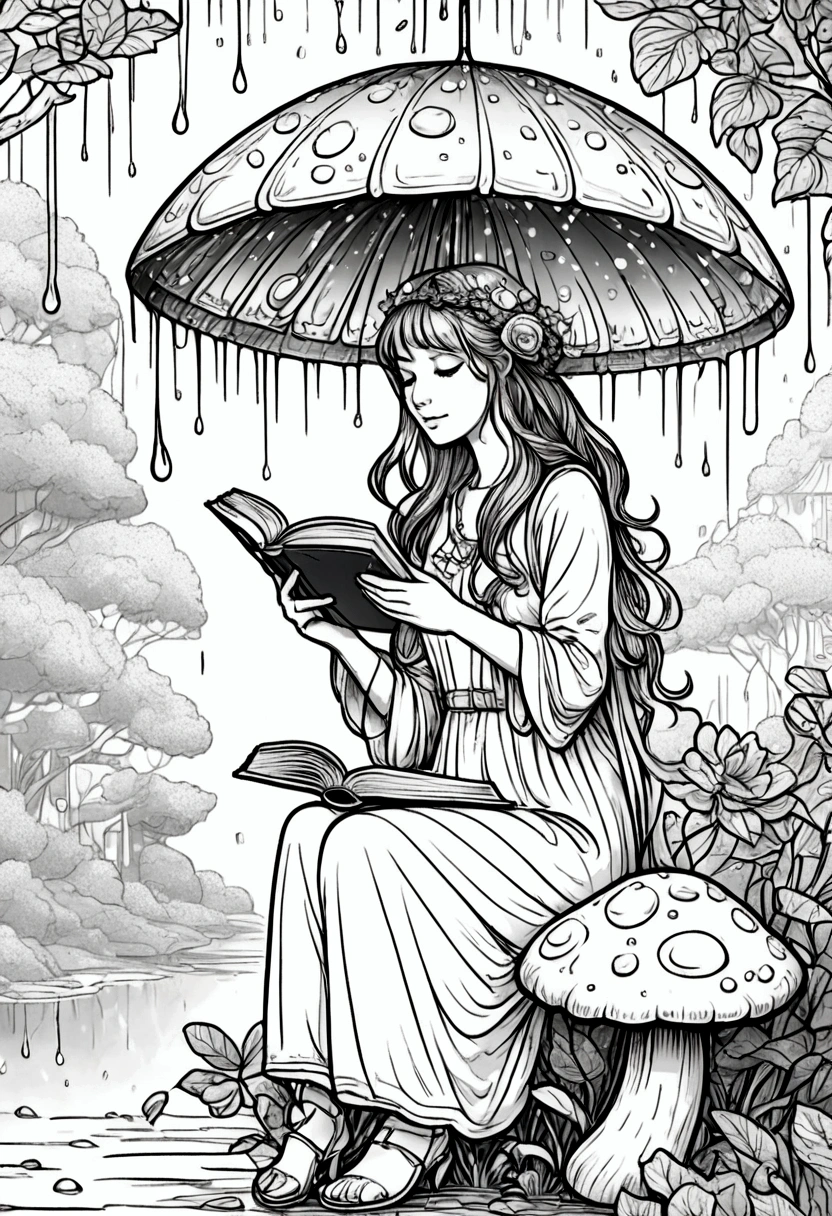 A fairy reading a book under a mushroom umbrella during a light rain, clean line art, white background, colouring page, clean outline, sketch style, floral frame, decorative panel, abstract ,sketch, character lines and scenes without colors and shadows. (Masterpiece, Best Quality, Highres:1.4), Detailed, Intricate Details, 4K, color splashes, line art