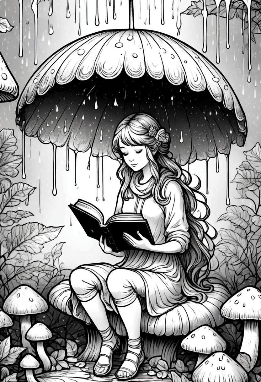 A fairy reading a book under a mushroom umbrella during a light rain, clean line art, white background, colouring page, clean outline, sketch style, floral frame, decorative panel, abstract ,sketch, character lines and scenes without colors and shadows. (Masterpiece, Best Quality, Highres:1.4), Detailed, Intricate Details, 4K, color splashes, line art