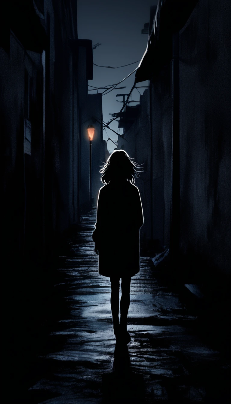 a black silhouette of a woman at night, one light source, footsteps, moody atmosphere, cinematic lighting, dark shadows, dramatic chiaroscuro, high contrast, mysterious, atmospheric, dark and gritty, realistic, photorealistic, cinematic composition, 8k, high quality, detailed, masterpiece, manga style, digital art, by Marshall Arisman, cover illustration, 70mm, 7 0 mm, 70 mm, book cover illustration, by Brigette Barrager, album cover, novel cover art for a book, art concept for a book cover, cover art, 7 feet tall,