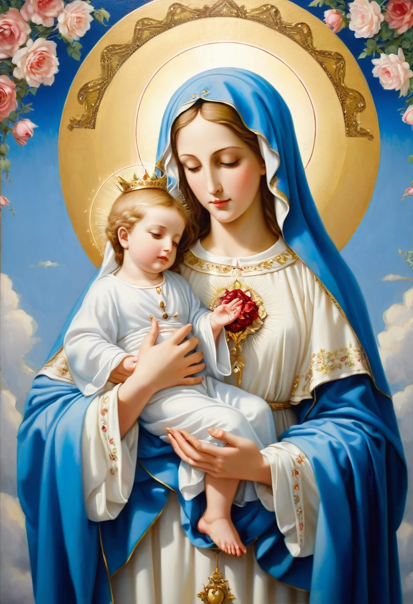 Painting of a woman holding a in her arms, Virgin Mary, with Jesus, Mother is, Queen of Heaven, Beautiful art, Beautiful paintings, Beautiful depiction, Virgin Maryの肖像, カトリックReligious art, Rozen Maiden, Sacred and beautiful, Blue background, Borregov, Gwaiz's masterpiece, Religious art, Christian art, Religious paintings、Smile