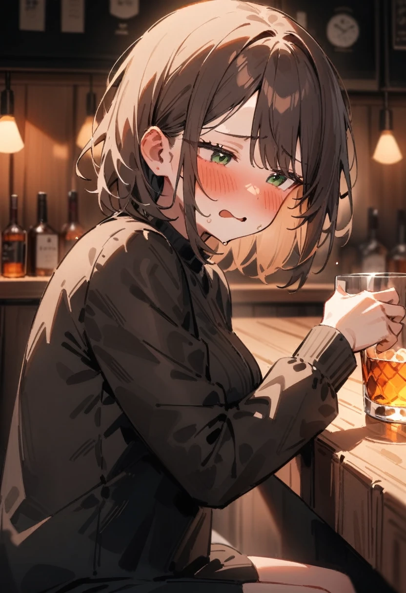 masterpiece, best quality, very aesthetic, absurdres, newest, 1girl, solo, asymmetrical bangs, tareme, blush, drunk, middle-aged, short messy brown hair, tired blue eyes, looking down, somber expression, casual clothes, dimly lit bar, empty bar stools, neon sign, holding a half-empty glass of whiskey, sitting alone, upper body shot