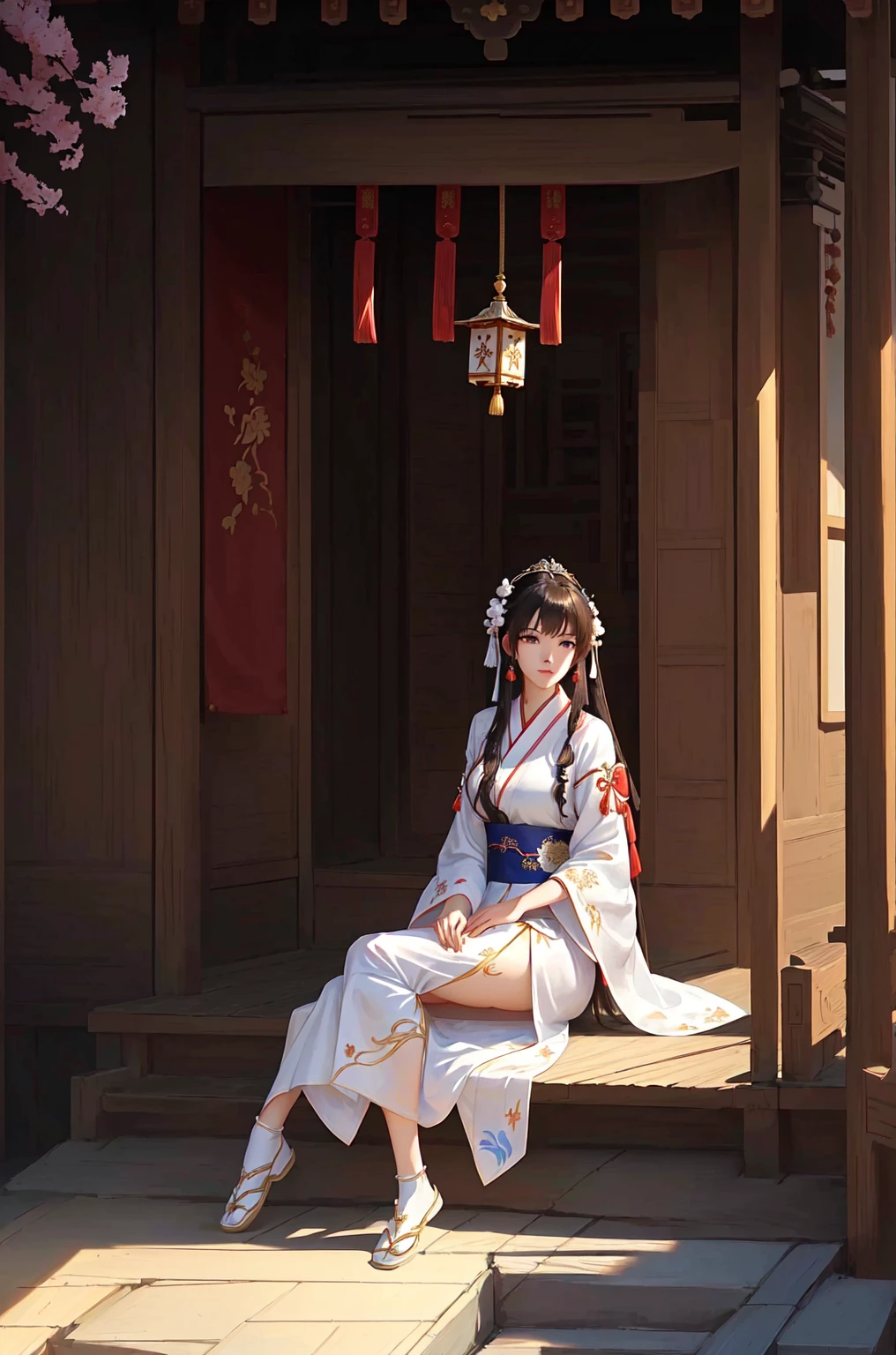 A woman in traditional dress sits on the porch, palace ， Girl wearing Hanfu, artwork in the style of Gu Weiss, Gu Weiss, Popular on cgstation, Gu Weiss masterpiece, Beautiful character painting, Keqing from genshin impact, White Hanfu, Smooth anime CG art, Artgerm 和 Atey Ghailan