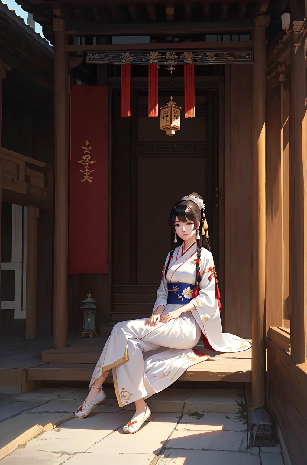 A woman in traditional dress sits on the porch, palace , Girl wearing Hanfu, artwork in the style of Gu Weiss, Gu Weiss, Popular on cgstation, Gu Weiss masterpiece, Beautiful character painting, Keqing from genshin impact, White Hanfu, Smooth anime CG art, Artgerm 和 Atey Ghailan