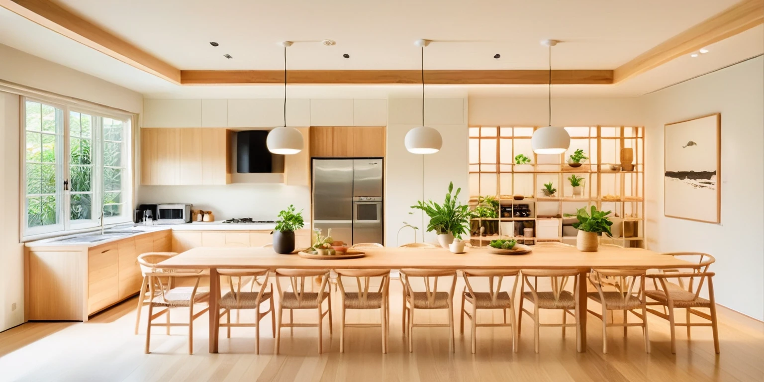 A high-resolution, horizontally framed shot of a minimalist Muji style kitchen combined with a dining area. The space features clean lines and a neutral color palette with whites, beiges, and natural wood tones. The kitchen area has sleek wooden cabinetry and open shelving, showcasing simple, functional kitchenware. The dining area is adjacent, featuring a wooden dining table and chairs. Potted plants and handmade decor pieces add a touch of nature and warmth, enhancing the serene and inviting ambiance. The ceiling is flat with recessed downlights arranged in a sparse, straight line pattern, providing subtle and even illumination throughout the room.
((8k)), high quality detail, soft lighting, minimalist design, neutral color palette, natural materials, clean lines, serene and inviting, modern Japanese aesthetic, flat ceiling, recessed downlights.