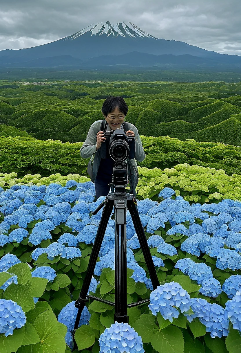 Leonard.AI, generate an image of a Japanese photographer taking pictures of a landscape filled with blooming hydrangea flowers. The photographer has slightly thinning hair, is smiling, and is shown from the knees up. The camera is mounted on a tripod, and mountains can be seen in the distance.