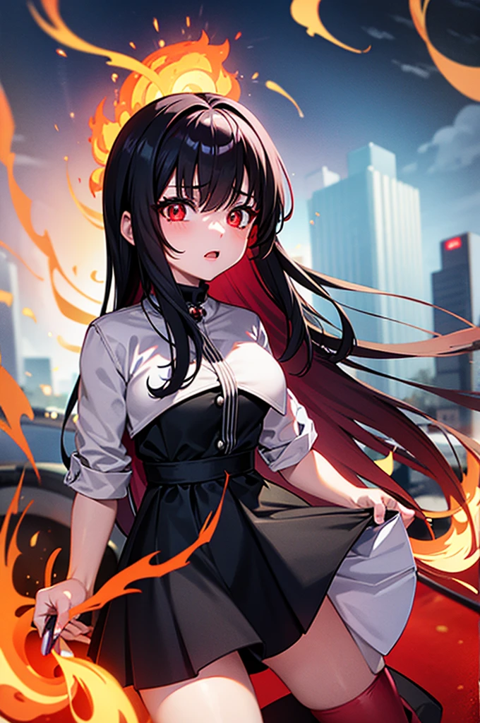 anime girl with red eyes and black hair in a city, with red glowing eyes, with glowing red eyes, detailed digital anime art, red eyes glowing, glowing red eyes, red glowing eyes, intense watery glowing red eyes, fully red eyes, luminous red eyes, body surrounded by raging scorching bright red flames forming the shape of a circle