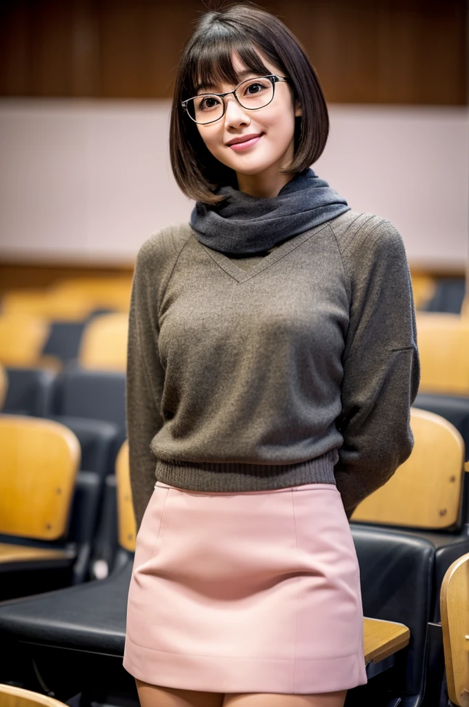 Adult charm、University lecture hall, university psychology associate professor, ((full body)), ((photo)), ((best qualtiy, 8K, tmasterpiece:1.3)), Focus:1.2, perfect figure beautiful woman:1.41woman, cowboy shot, look at viewer, eyes facing the camera, incredibly absurd, beautiful and cute woman with a photorealistic face, showcasing top-quality craftsmanship, A Japanese woman giving a lecture at a university lecture hall, 27 years old, with a bob cut and flipped hair, short bangs swept at an angle, smooth and shiny hair, natural hairline, fair and smooth skin, plump and healthy cheeks, large, jet black eyes, round eyes, long and upward-facing eyelashes, double eyelids, thin and straight eyebrows, small and round nose, plump lips, upturned corners of the mouth, charming smile, cute face, glamorous, well-balanced proportions, tall, beautiful D-cup breasts, silver-rimmed glasses, pink blouse, black tight skirt, fashion with a waist-marked silhouette, scarf, heeled shoes, vanilla perfume, beautiful, pretty older woman, glasses suit her, knowledgeable, playful, curious, smart, elegant, November
