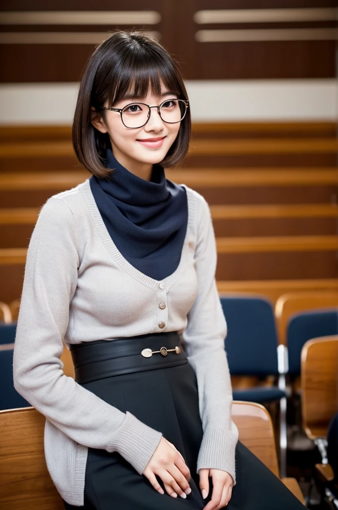 Adult charm、University lecture hall, university psychology associate professor, ((full body)), ((photo)), ((best qualtiy, 8K, tmasterpiece:1.3)), Focus:1.2, perfect figure beautiful woman:1.41woman, cowboy shot, look at viewer, eyes facing the camera, incredibly absurd, beautiful and cute woman with a photorealistic face, showcasing top-quality craftsmanship, A Japanese woman giving a lecture at a university lecture hall, 27 years old, with a bob cut and flipped hair, short bangs swept at an angle, smooth and shiny hair, natural hairline, fair and smooth skin, plump and healthy cheeks, large, jet black eyes, round eyes, long and upward-facing eyelashes, double eyelids, thin and straight eyebrows, small and round nose, plump lips, upturned corners of the mouth, charming smile, cute face, glamorous, well-balanced proportions, tall, beautiful D-cup breasts, silver-rimmed glasses, pink blouse, black tight skirt, fashion with a waist-marked silhouette, scarf, heeled shoes, vanilla perfume, beautiful, pretty older woman, glasses suit her, knowledgeable, playful, curious, smart, elegant, November