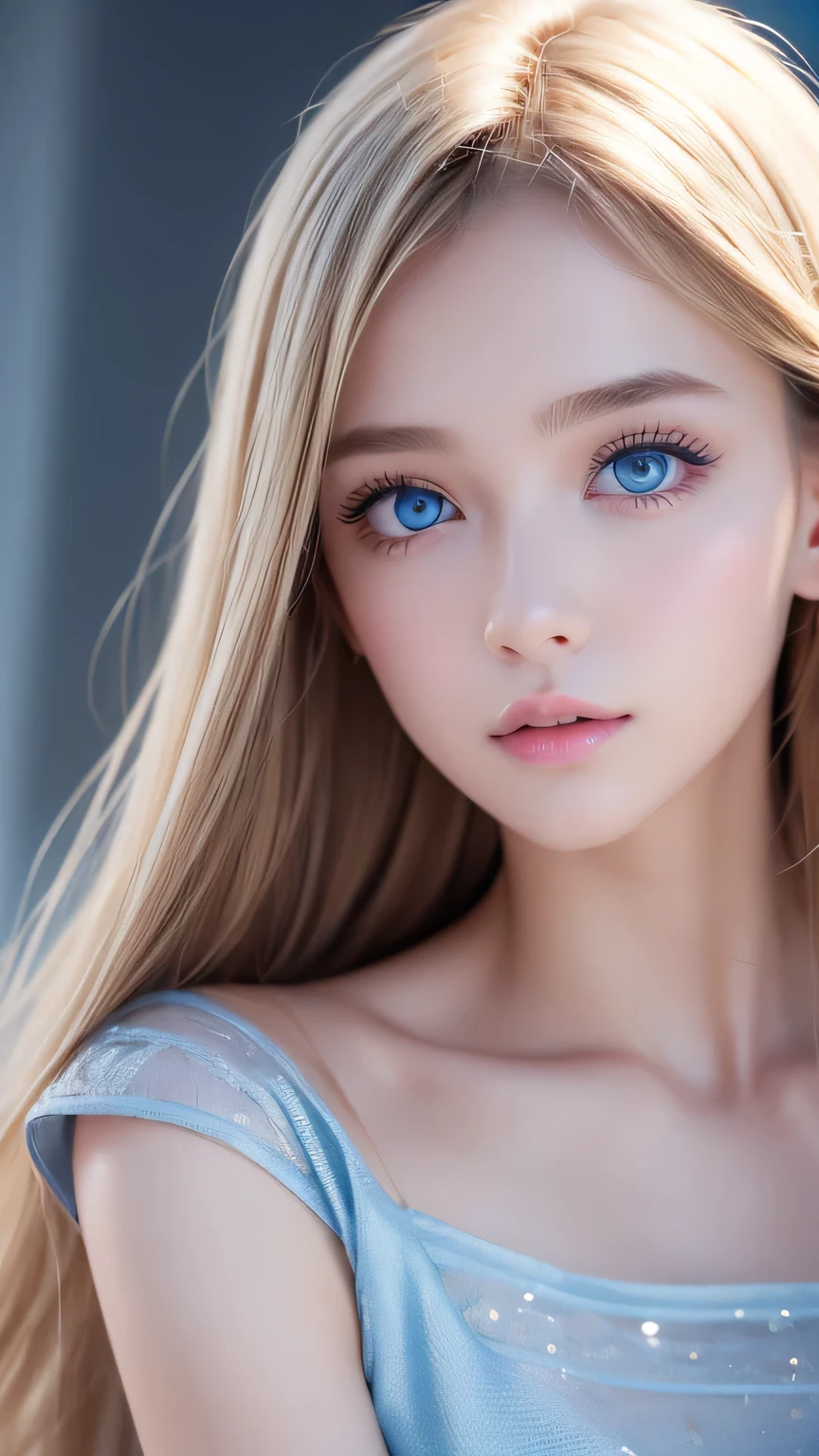 Dressed、(Photorealistic:1.4)、(ハイパーRealistic:1.4)、(Realistic:1.3)、(Smooth lighting:1.05)、(Improved cinematic lighting quality:0.9)、32k、1 Girl、Very cute expression、A beautiful blonde girl、Bangs over the eyes、Realistic top lighting、Backlight、Face Light、Super long silky hair、Blonde rays、(Bright light:1.2)、(quality improvement:1.4)、(Highest quality realistic textured skin:1.4)、Very beautiful detailed large shining light blue eyes、Very big eyes、Detailed face、A careful eye for quality、(Tired, sleepy and satisfied: 0.0)、Face close up、T-Shirts、(Enhances the body line:1.1)、(Enhances the beauty of skin texture:1.1)、Cheek gloss highlighter