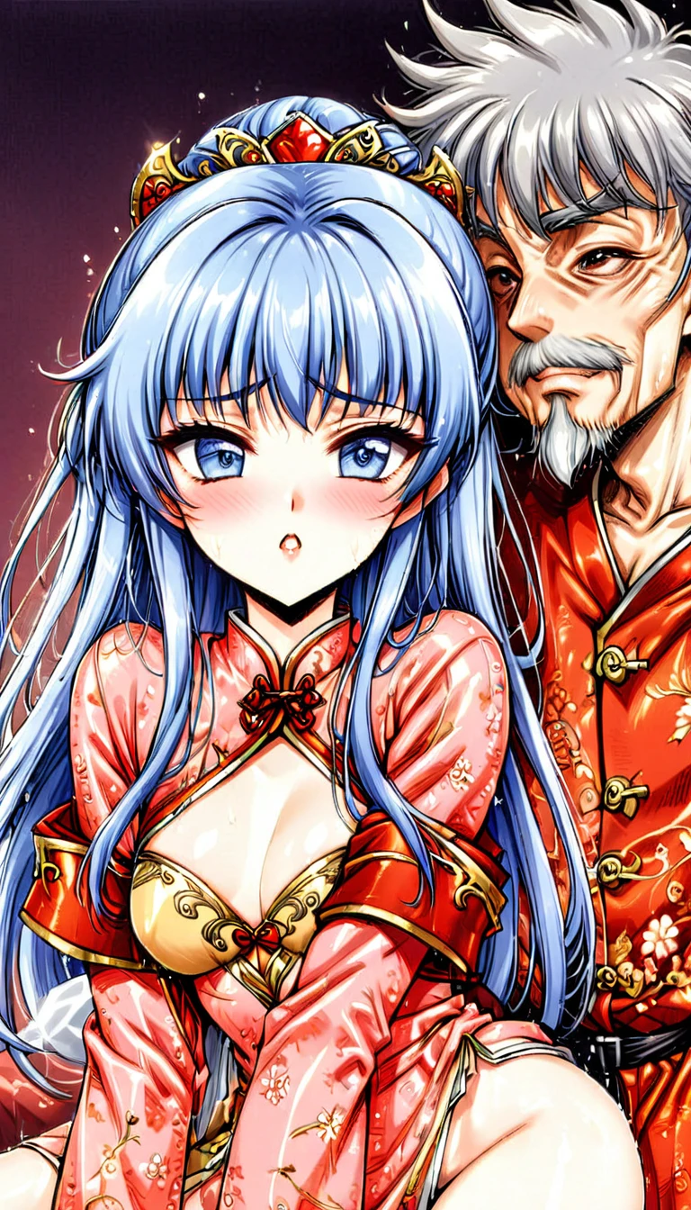 Beautiful 15 year old Chinese Kung Fu girl princess with short blue hair　Gorgeous embroidery, Ultra glossy, She is wearing shiny red long sleeve floral pajamas....　She gets fucked by an old man in front of her lover