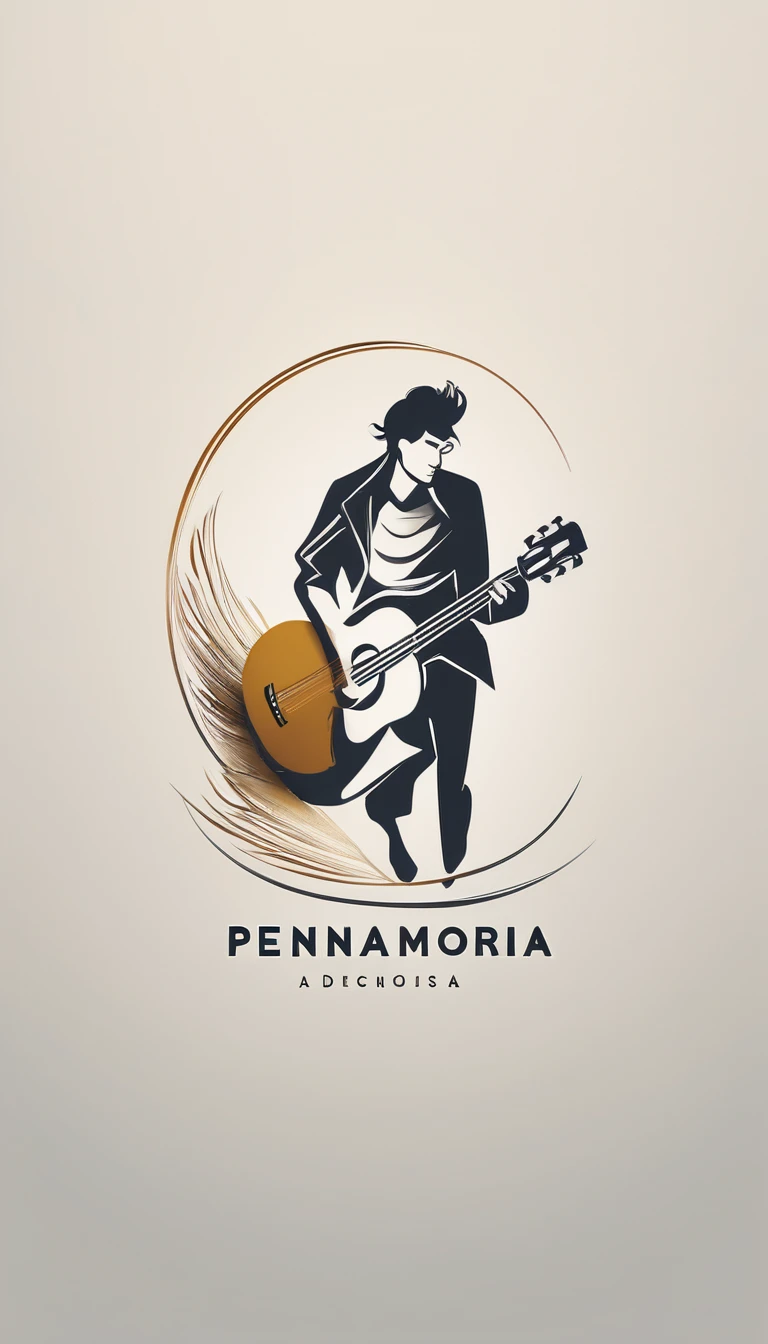 A minimal, modern, simple, cinematic, minimalistic logo design for the brand “Penamemoria". The logo design must be a simple, magical feather and a boy running and holding an acoustic guitar. The logo must convey a sense of music, stories and dreams. Logo design impressed on a book cover. Minimalistic logo