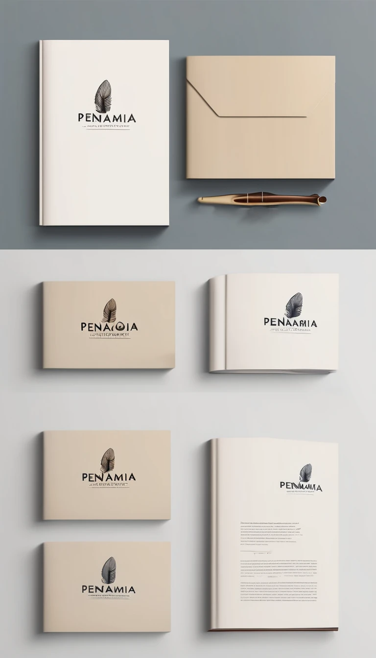 A minimal, modern, simple, cinematic, minimalistic logo design for the brand “Penamemoria". The logo design must be a simple, magical feather and a boy running and holding an acoustic guitar. The logo must convey a sense of music, stories and dreams. Logo design impressed on a book cover. Minimalistic logo