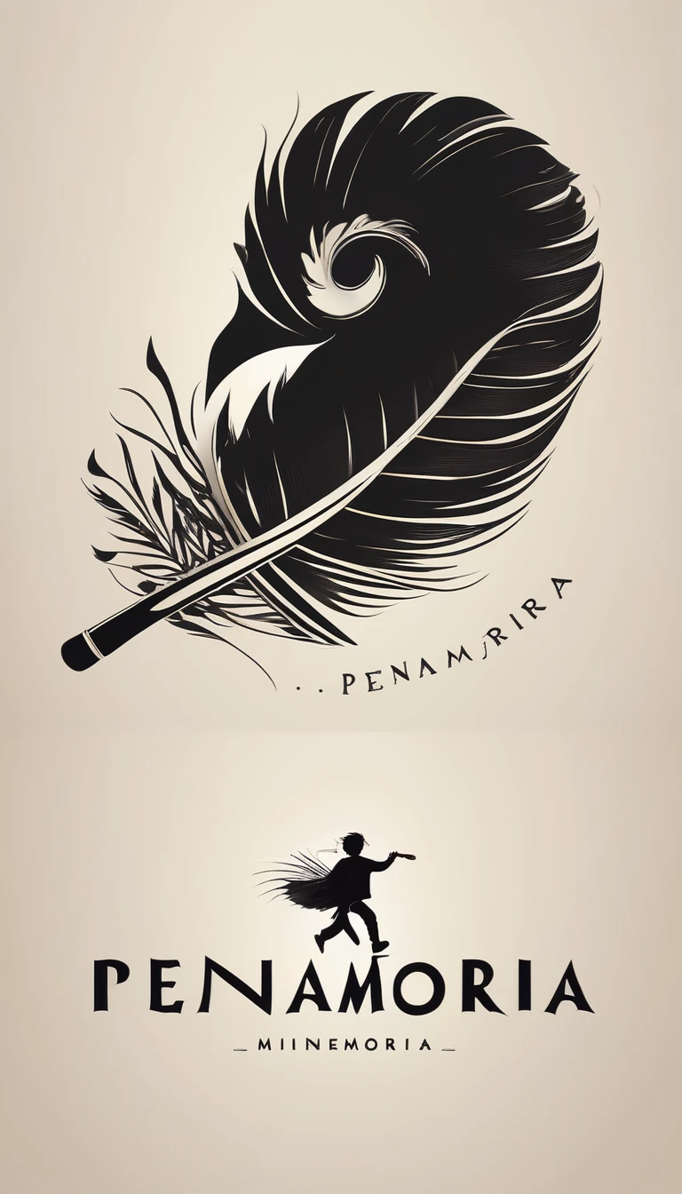A minimal, modern, simple, cinematic, minimalistic logo design for the brand “Penamemoria". The logo design must be a simple, magical feather and a boy running and holding an acoustic guitar. The logo must convey a sense of music, stories and dreams. Logo design impressed on a book cover. Minimalistic logo