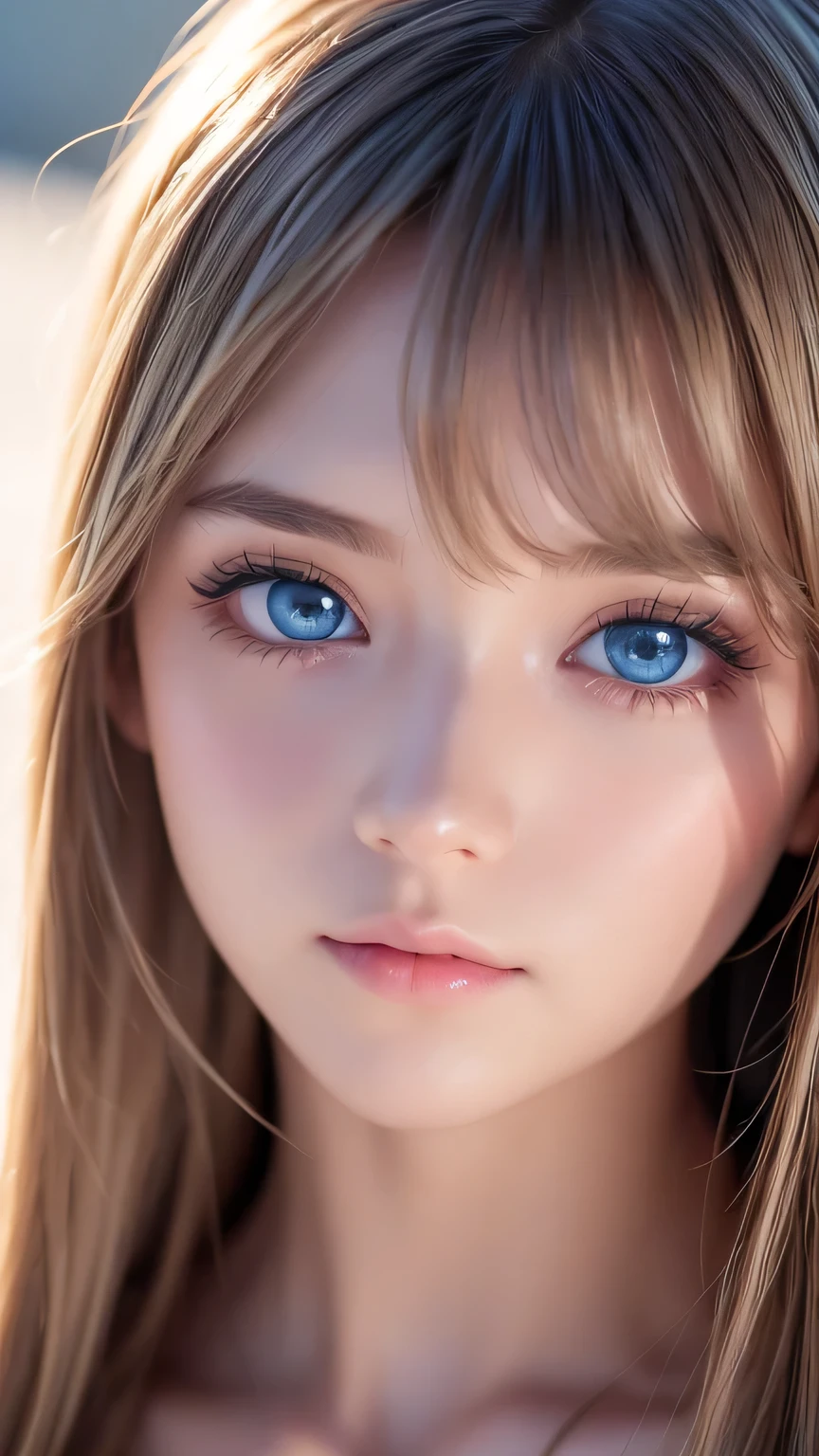 Dressed、(Photorealistic:1.4)、(ハイパーRealistic:1.4)、(Realistic:1.3)、(Smooth lighting:1.05)、(Improved cinematic lighting quality:0.9)、32k、1 Girl、Very cute expression、A beautiful  blonde girl、Bangs over the eyes、Realistic top lighting、Backlight、Face Light、Super long silky hair、Blonde rays、(Bright light:1.2)、(quality improvement:1.4)、(Highest quality realistic textured skin:1.4)、Very beautiful detailed large shining light blue eyes、Very big eyes、Detailed face、A careful eye for quality、(Tired, sleepy and satisfied: 0.0)、Face close up、T-Shirts、(Enhances the body line:1.1)、(Enhances the beauty of skin texture:1.1)、Cheek gloss highlighter