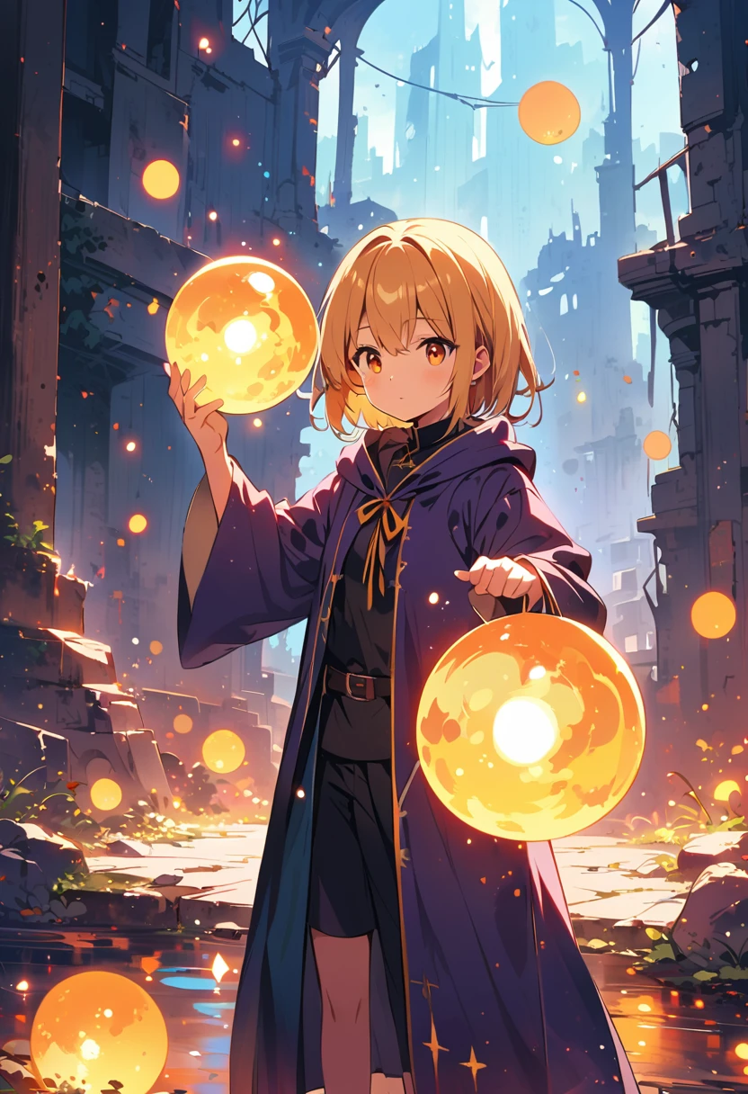 young wizard,A ball of light floats in your hand,shiny, In the ruins