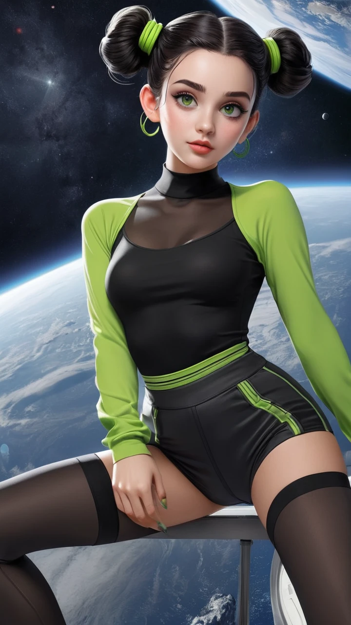 woman, 22 years old, with short dark grey and dark hair in space buns, her has light green eyes, model pose, natural skin, beautiful face, playful body, playful face, pantyhose, high heels, black wear, look at side, anime