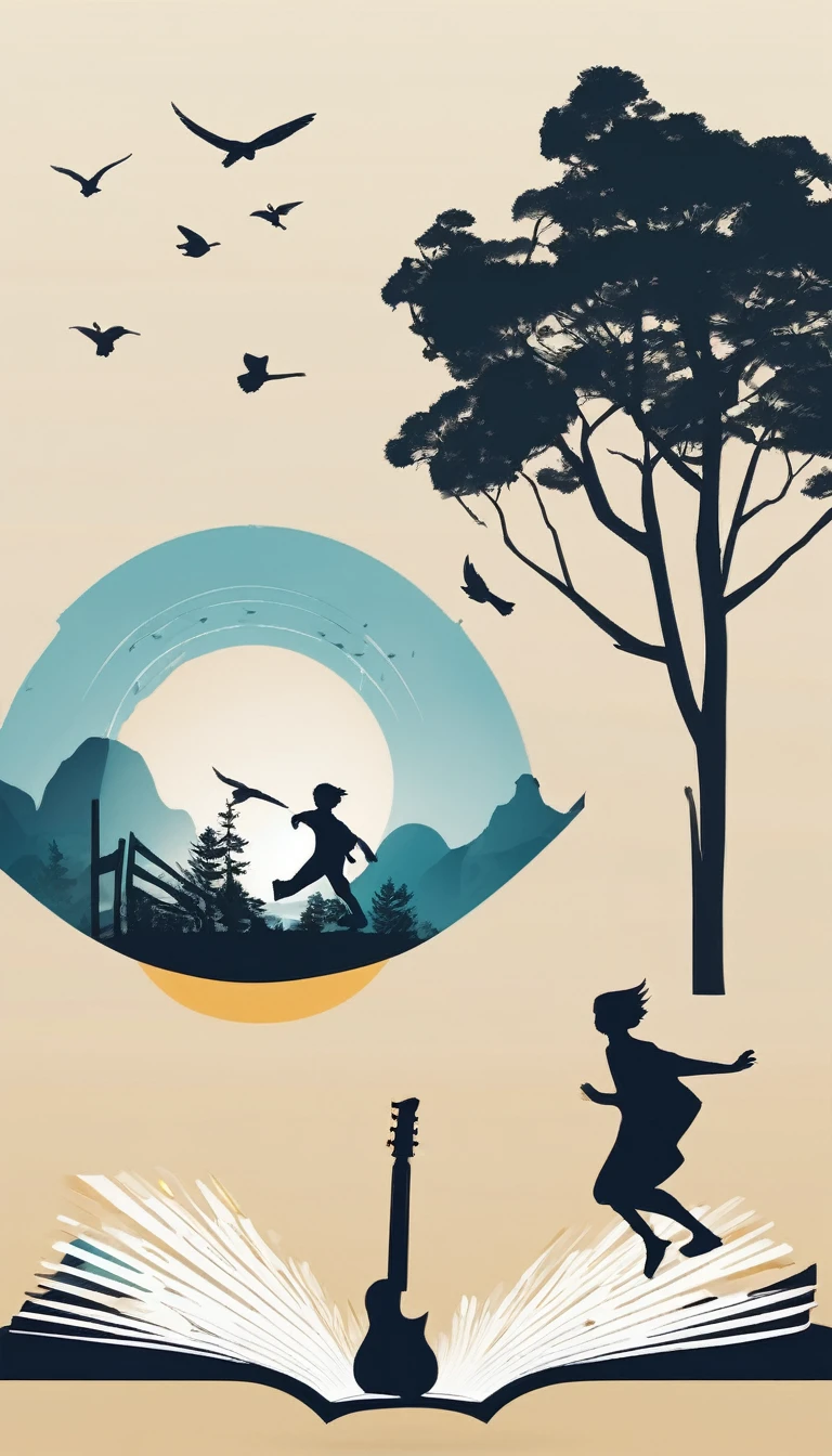 Create a modern, minimalistic logo design for a brand about music and movies called " Penamemoria". The logo must be in minimalistic style and convey a sense of storytelling. The logo is the silhouette of a boy and a bird. The boy is running with open arms, holding an acoustic guitar in the right hand and a bird feather in the left hand. Minimalistic logo design impressed on a book cover