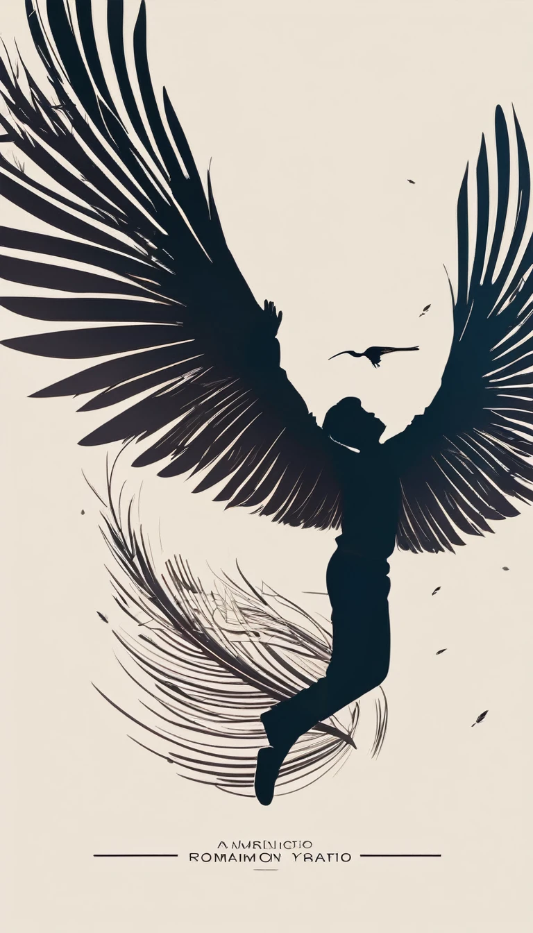 Create a modern, minimalistic logo design for a brand about music and movies called " Penamemoria". The logo must be in minimalistic style and convey a sense of storytelling. The logo is the silhouette of a boy and a bird. The boy is running with open arms, holding an acoustic guitar in the right hand and a bird feather in the left hand. Minimalistic logo design impressed on a book cover