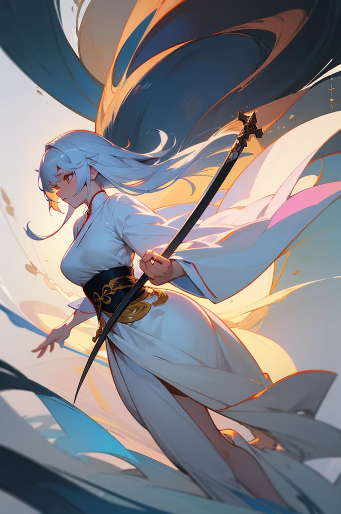  a woman with a sword in a white dress, a character portrait by Yang J, trending on cgsociety, fantasy art, beautiful character painting, artwork in the style of guweiz, guweiz, white hanfu, flowing white robes, full body wuxia, epic exquisite character art, stunning character art, beautiful female assassin
