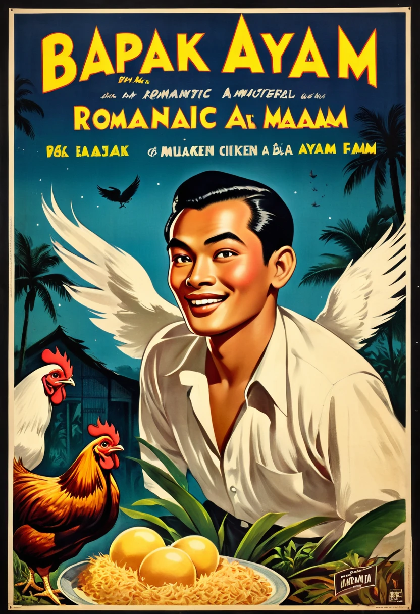 vintage film poster illustration. A vintage movie poster of romantic film in 1950's style, title "Bapak Ayam" . featuring retro style with a black border around all edges. a Malay man, body of a human but head of a chicken, handsome. he is flying in the night of a malay village .