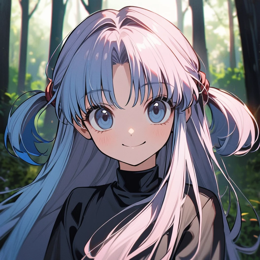 1 girl in the style of hunter x hunter, light pink hair, long hair,blue hair tips, light blue eyes,black bodycon blouse, smiling at the viewer, background forest, tilted face 