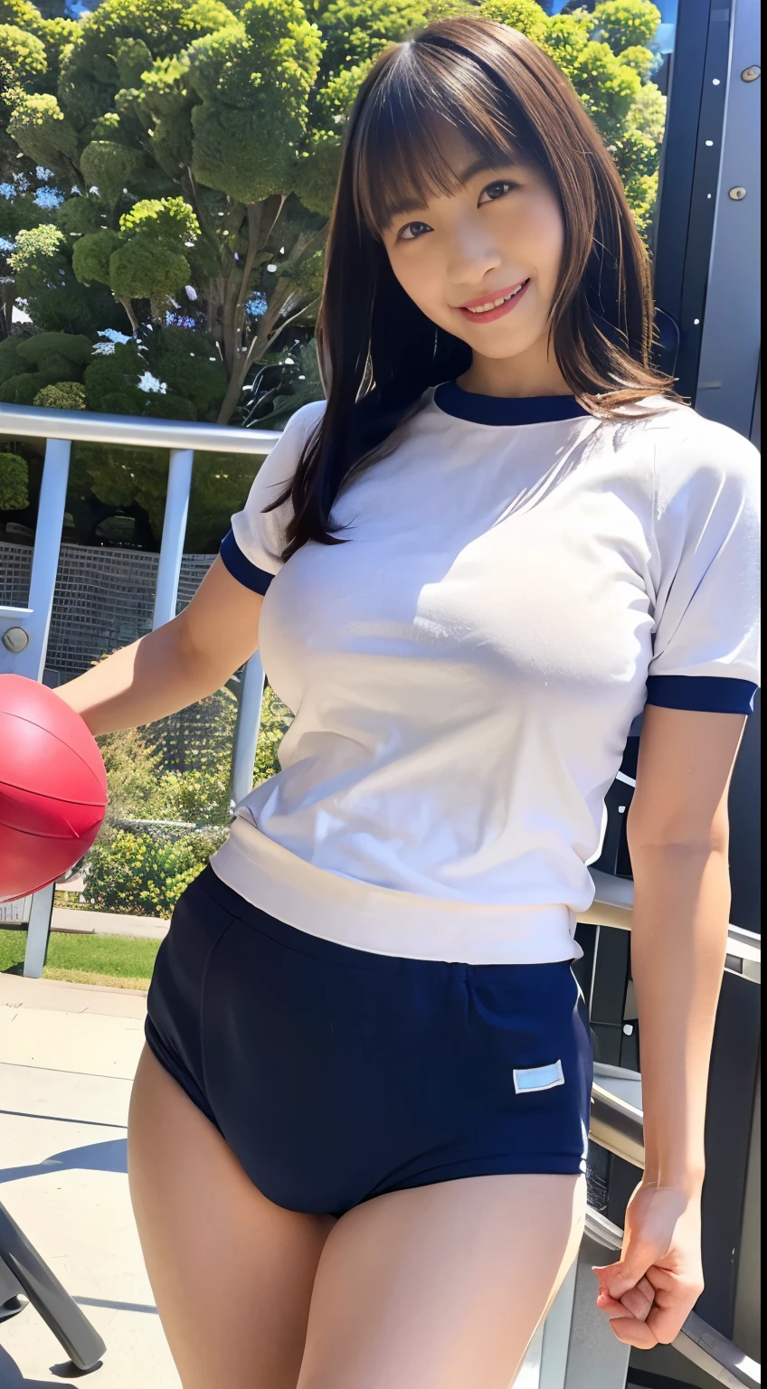 alone、high school girl、White skin、Natural Makeup、Black Hair、bangs、Straight Long Hair、(((White short-sleeved T-shirt on the upper body)))、((Long white gym clothes))、(((Very tight bloomerid rise bloomers)))、(((Navy Bloomer)))、(((Tuck the bottom of your gym clothes into your bloomers)))、Big Breasts、Big Ass、(((Schoolyard)))、((Realistic fingers))、((Perfect Style))、((Realistic body shape))、(((upright)))