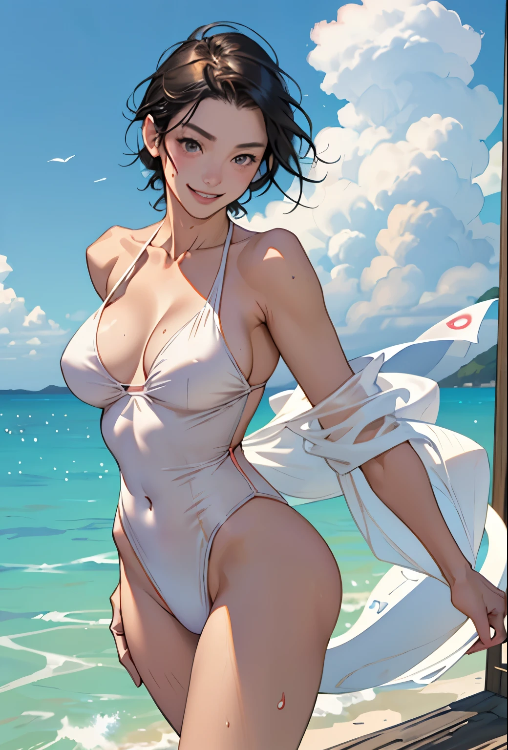 Realistic、Face reality、With a girl、Swimwear、Sexy smile、My breasts have gotten a little bigger、Sexy pose、From the front it looks like a one-piece, but from the back it looks like a mono bikini、