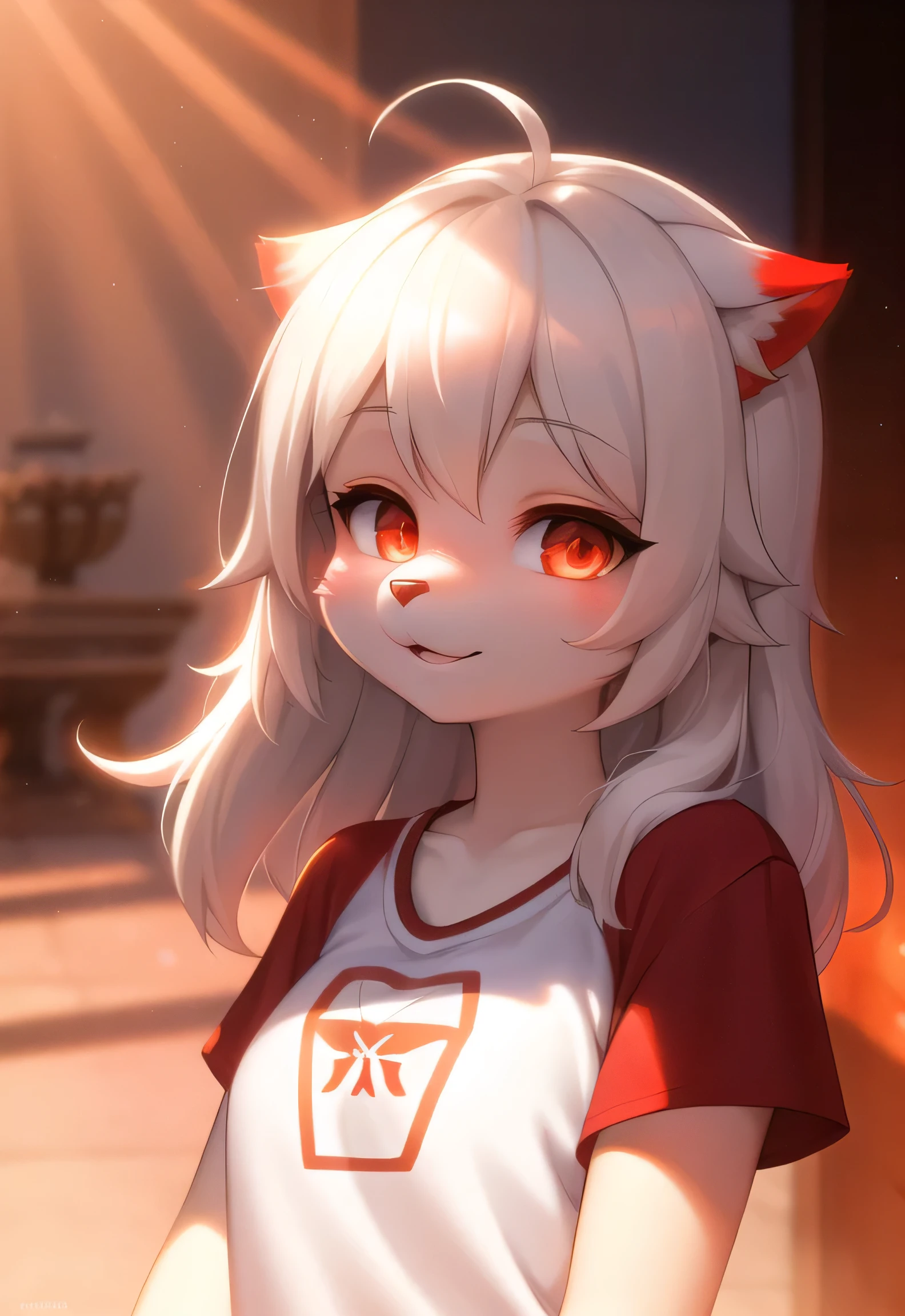 hairy, White fur, Super cute face, Red elements on fur, Glow T-shirt, Beautiful lighting and shadows, Ambient Light, Extremely fine fur, Volumetric Light