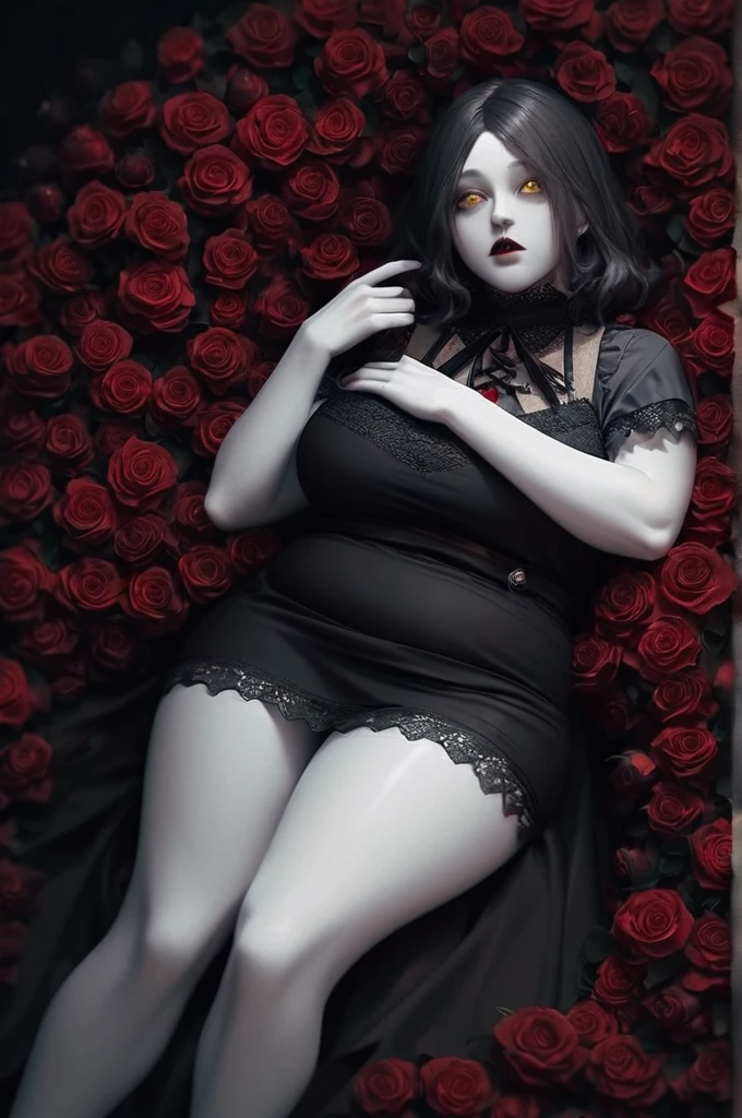 ((Лучшее качество)), ((шедевр)), (подробный), elf, vampire, black medium hair, gothic clothes, gothic, yellow eyes, blank stare, tall, medium hair, short bangs, pale skin, gothic style, blood, background of many bloody roses, lies in roses, bloody background, gothic aesthetics, plump lips