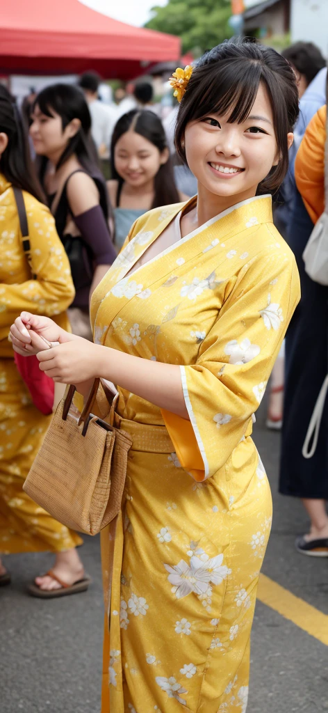 A woman wearing a yellow floral yukata having fun at a summer festival in the evening