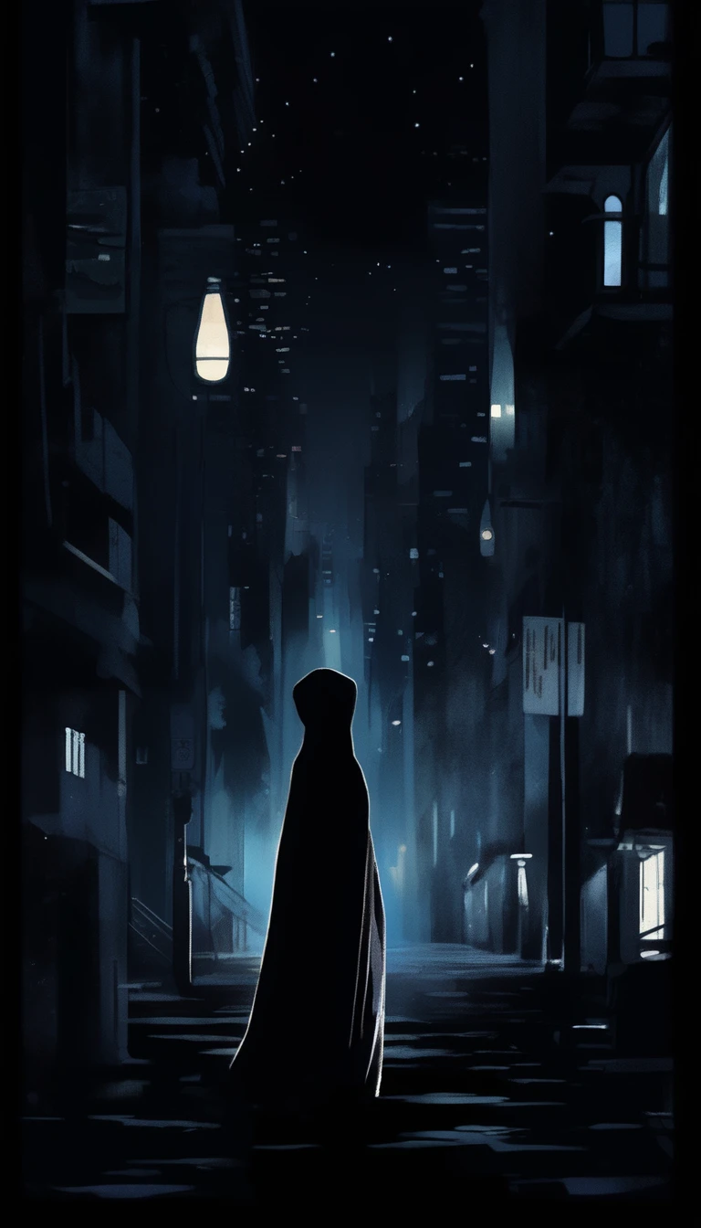 a black silhouette of a hijab woman , At night, there is a light and there are footsteps, manga style, digital art, by Marshall Arisman, cover illustration, 70mm, 7 0 mm, 70 mm, book cover illustration, by Brigette Barrager, album cover, novel cover art for a book, art concept for a book cover, cover art, 7 feet tall,