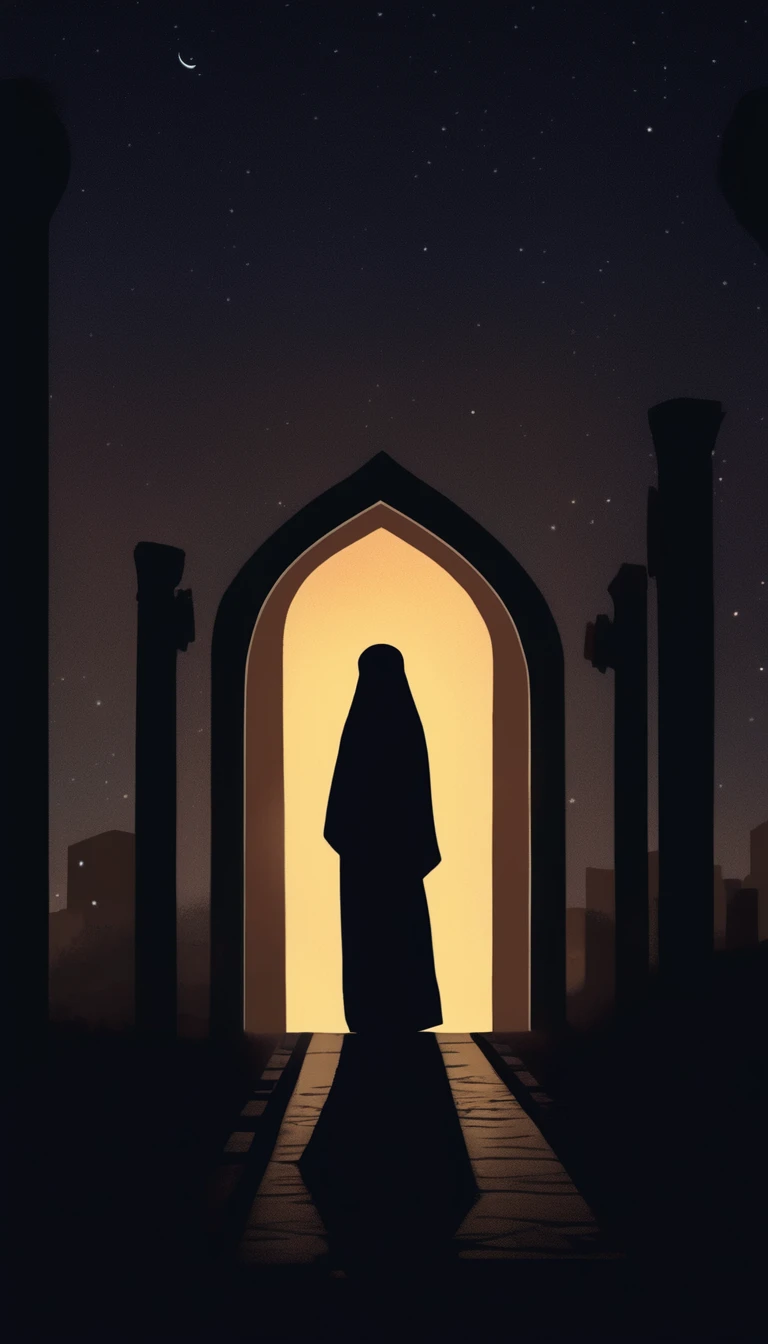 a black silhouette of a hijab woman , At night, there is a light and there are footsteps, manga style, digital art, by Marshall Arisman, cover illustration, 70mm, 7 0 mm, 70 mm, book cover illustration, by Brigette Barrager, album cover, novel cover art for a book, art concept for a book cover, cover art, 7 feet tall,