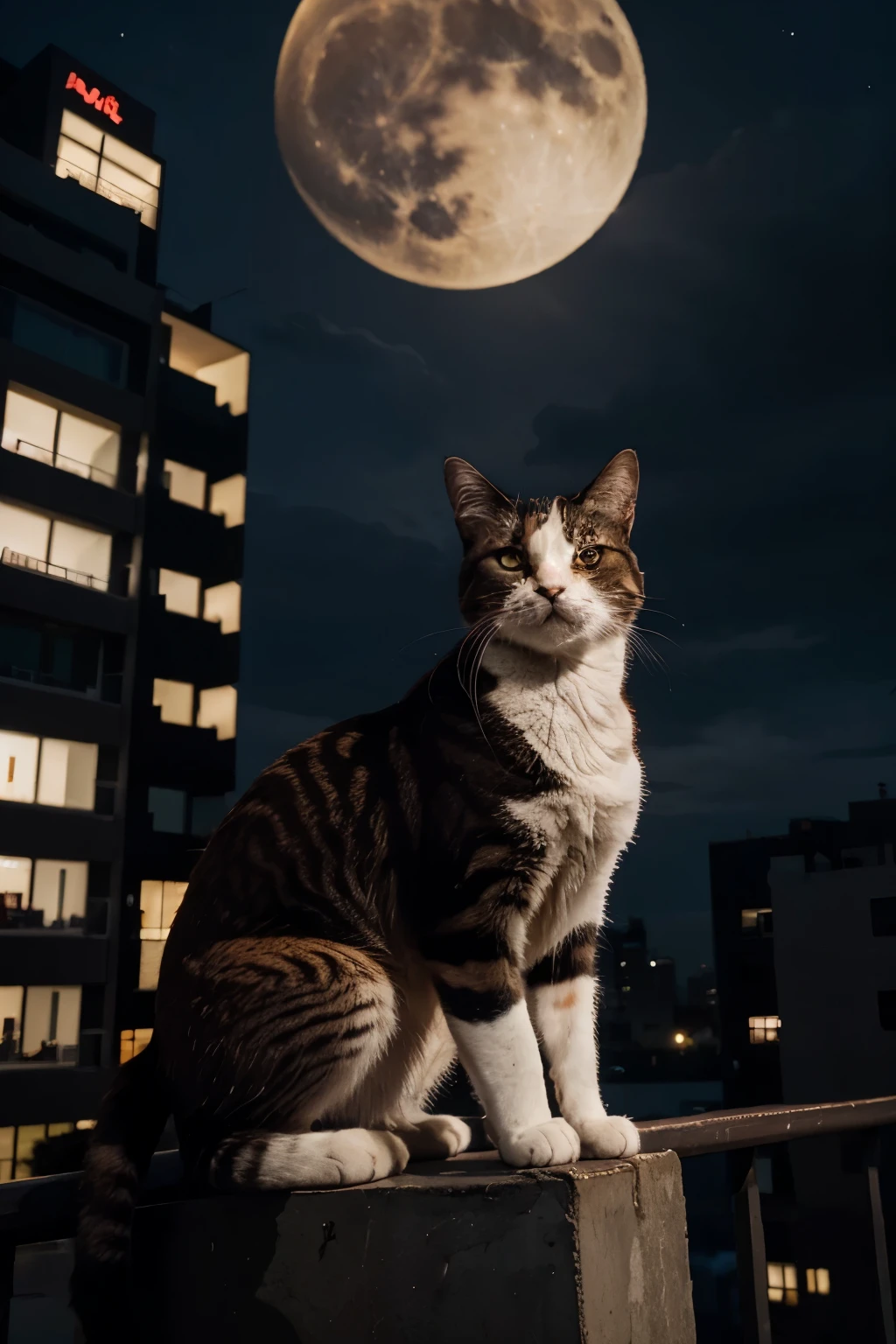 a cat with red-brown, white and black colors stand above the high building, in the nigh time, while watching the full moon. high res, ultrasharp, 8k.