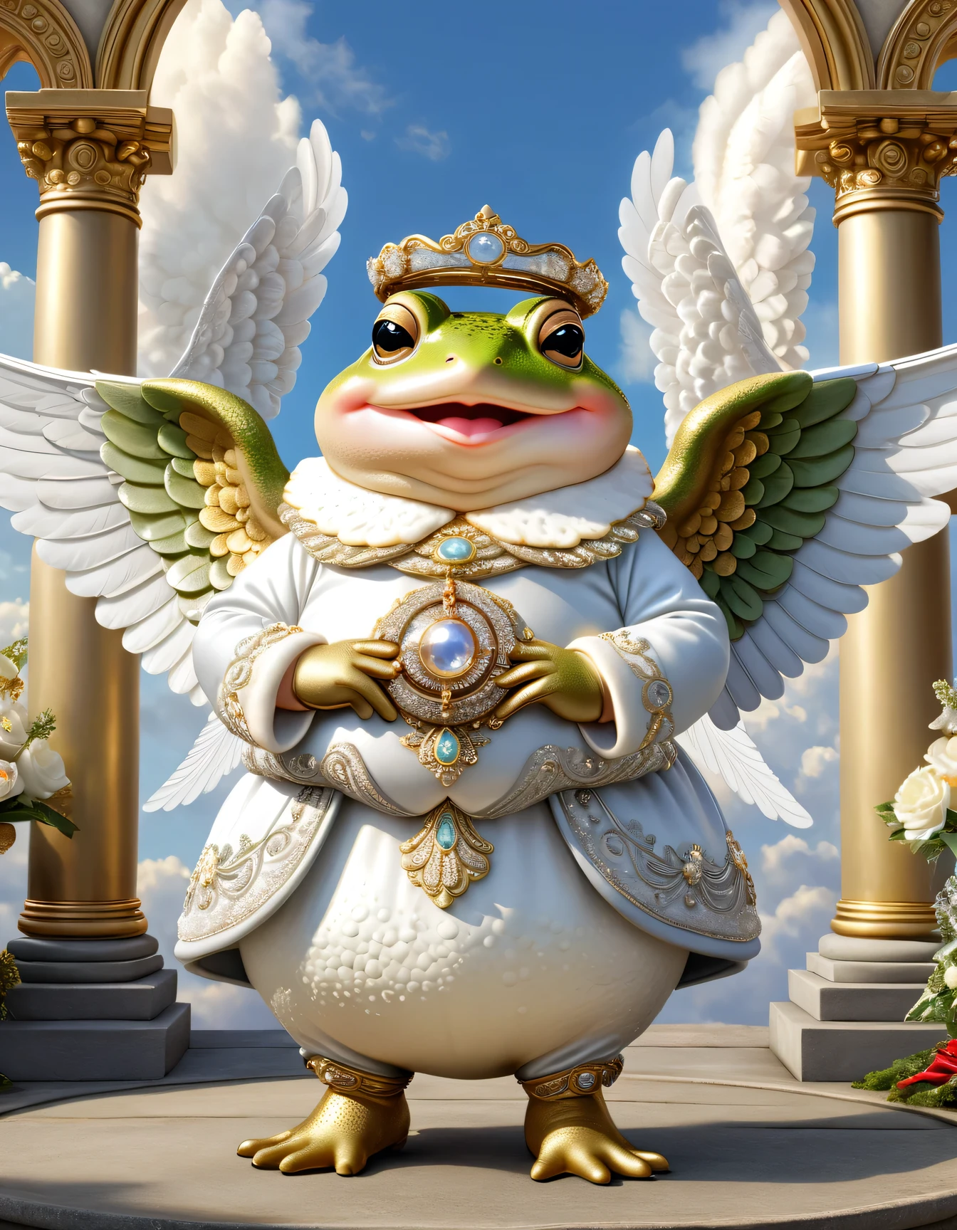photorealistic portrait of Dressed animals-a ((fat)) ((toad)) angel,(), (elegant pose:1.5), (hands on hips:1.5),(smile:1.5),high quality,(angel wings),(lovely) ,intricate details, Wearing angel clothes , (angel's ring above head), highly detailed ((angel wings)) ,highly detailed decorations of clothes, angel boots , (happy), soft lighting,(full body image:2.0),holy temple background,(clouds),