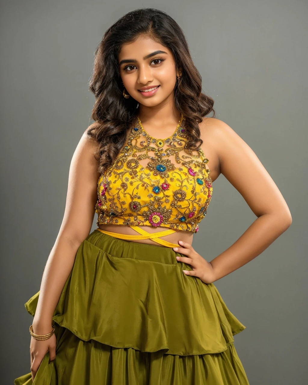 monali thakur Indian beautiful actress curvy plus size hour glass bulky figure woman, closeup camera view, wearingROMWE Hippie Hippie Totem Embroidered Double-Layered Hem Halter Neck Women Tank Top, different style hairstyle, bright eyes, thin eyebrows, fair skin, blushing cheeks, prefect head to toe view, full body view, English Garden: A manicured garden with hedges, flowers, and classic English charm. smile face, black hair, Indian face, perfect skin tone light, ultra realistic skin texture