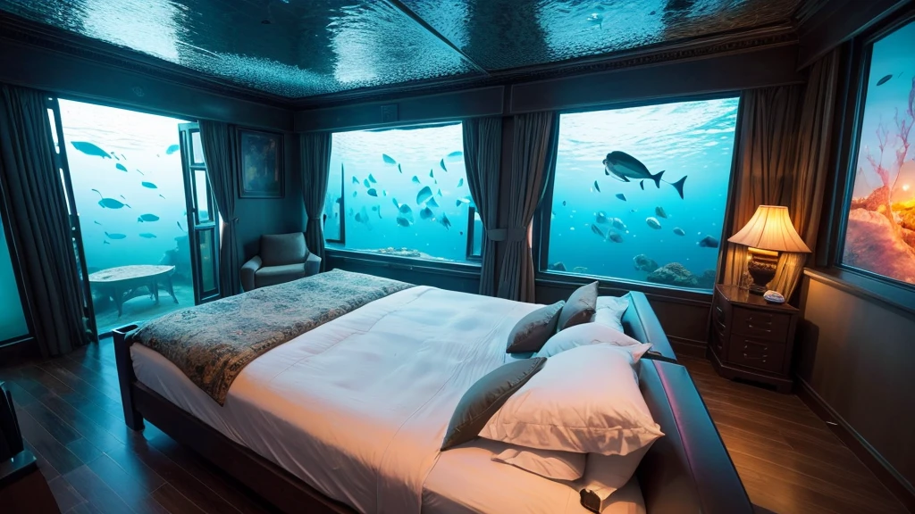 8k、room、bed、Like a luxury hotel、Open World,seabed,amazing colors,Draw the underwater world,Fluctuations in fresh water,Fluctuating bubbles in water,Very wide angle shot,Fantastic artistic expression, Curved、Large windows、Sense of presence、Fish that look like they're about to jump out、Frameless windows booklet