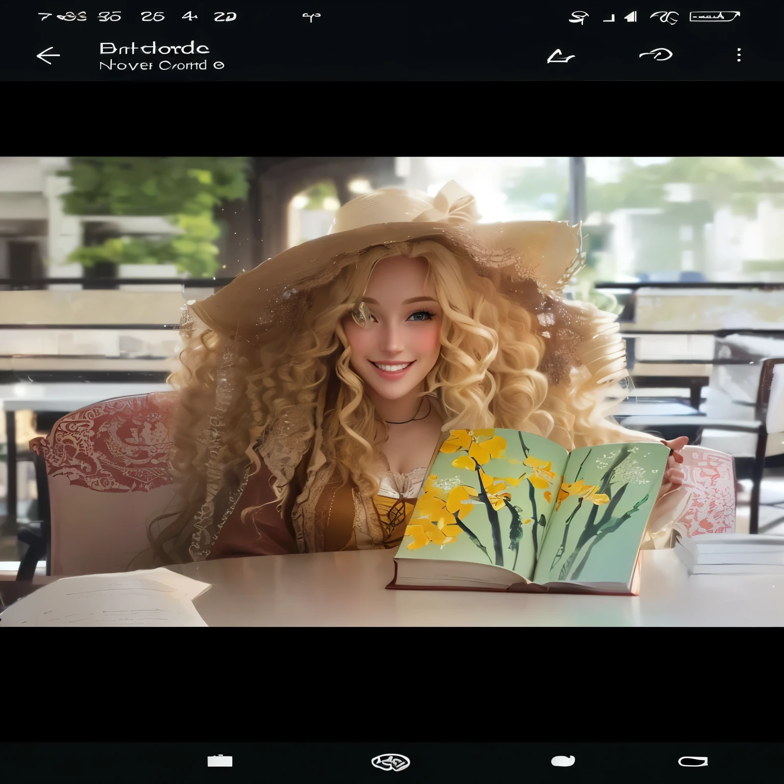there is a blonde woman with long curly hair, Grinning, sitting at the table with a book