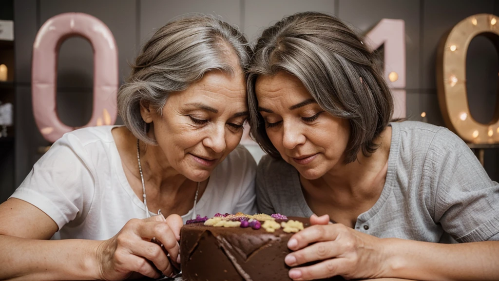 Create a high-resolution image of an elderly woman lovingly resting her head against an elderly grey-haired man. They are holding a cake together with the number "36" clearly visible on it.