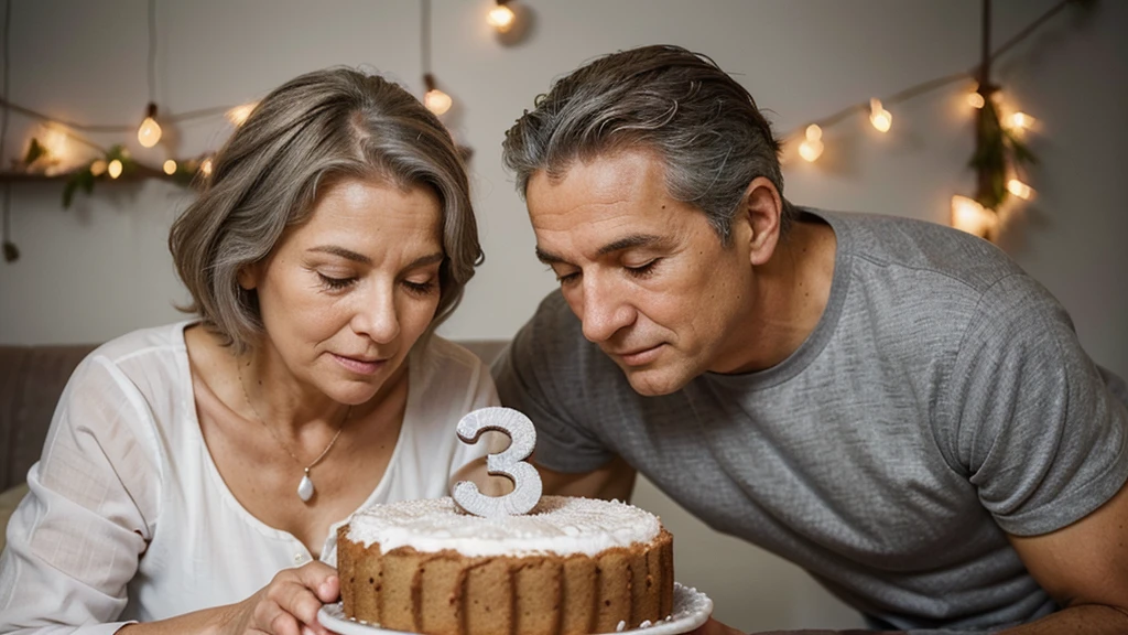 Create a high-resolution image of an elderly woman lovingly resting her head against an elderly grey-haired man. They are holding a cake together with the number "36" clearly visible on it.