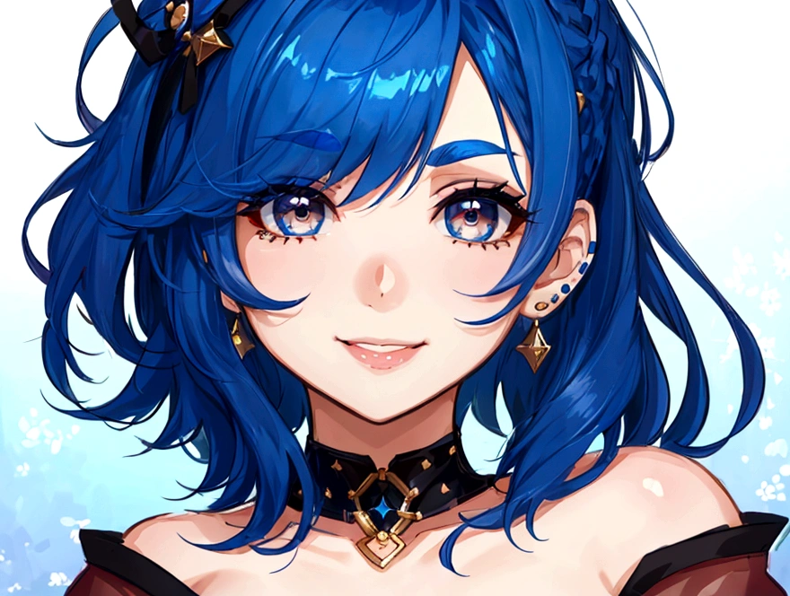 A young woman with short, bright blue hair. Her hair is styled straight and falls freely around her shoulders. She has a round face with large, bright brown eyes. She also has thick eyebrows and thin lips. She is wearing blue stud earrings that match her hair. She is smiling and looking at the camera with a friendly and cheerful expression.