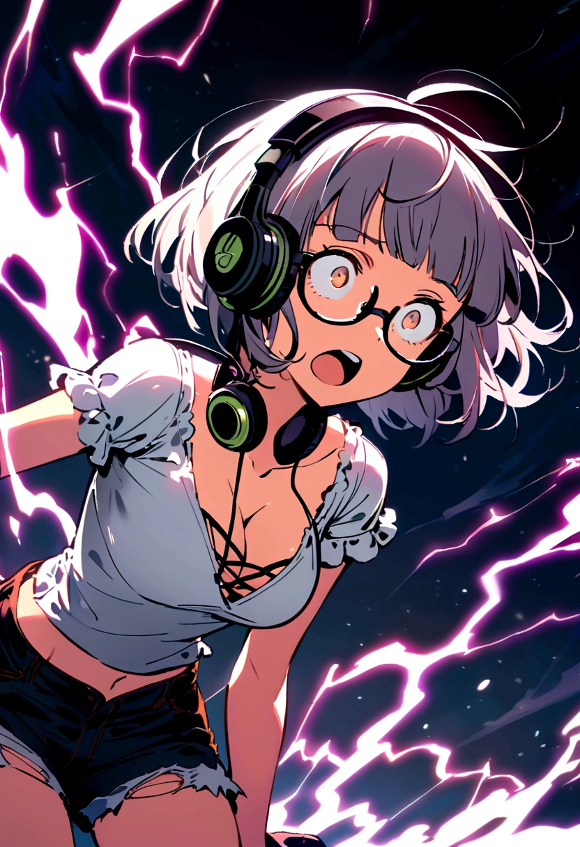 (extremely detailed fine touch:1.3), girl, solo,electric shock, wide-eyed, rolling eyes, open mouth, surprised expression, torn shirt, torn shorts, short sleeves, short hair, blunt bangs, (((under-rimmed glasses:1.3))), (headphones:1.3), medium breasts, clavicle, cleavage, midriff, 
The whole body is shining brightly, Lightning storm in the background, night,