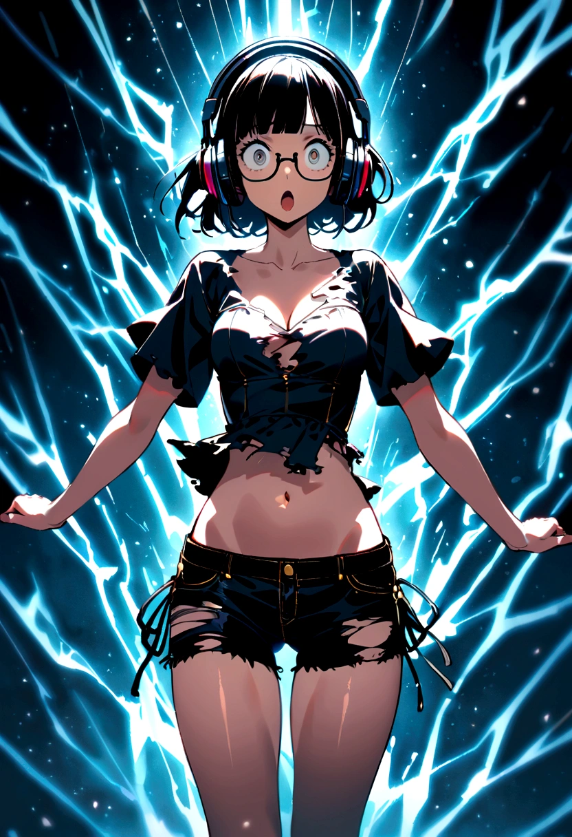 (extremely detailed fine touch:1.3), 1 girl, (((white semi-rimless eyewear:1.3))), (white headphone:1.2), short hair, blunt bangs, 1 girl, cowboy shot, very bewitching bikini, glistening skin, thunder, electrified aura, charged atmosphere,