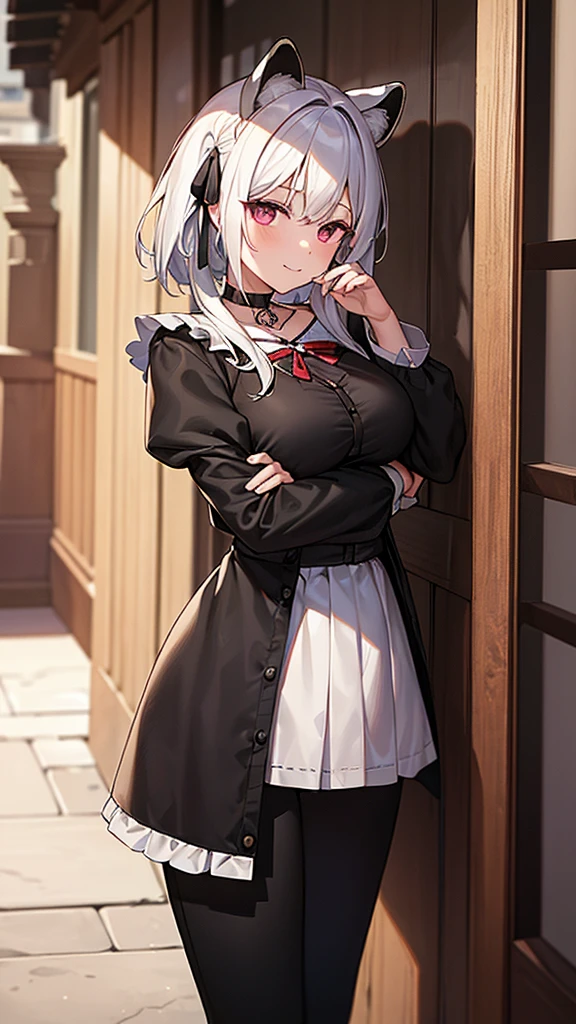 (work of art, best qualityer), 2d, 1 girl, medium sized breast, details Intricate, White hair, shorth hair, eyes black, gazing at viewer, Black raccoon ears, raccoon tail, trunk, hair ribbon, hand on own face, Red shirt, black pants, cowboy shot, black trim, Black boots, standing, ssmile, gazing at viewer, gaping mouth, ever forward, Old West town background, choker