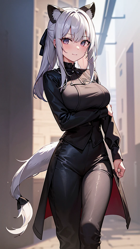 (work of art, best qualityer), 2d, 1 girl, medium sized breast, details Intricate, White hair, shorth hair, eyes black, gazing at viewer, Black raccoon ears, raccoon tail, trunk, hair ribbon, hand on own face, Red shirt, black pants, cowboy shot, black trim, Black boots, standing, ssmile, gazing at viewer, gaping mouth, ever forward, Old West town background, choker