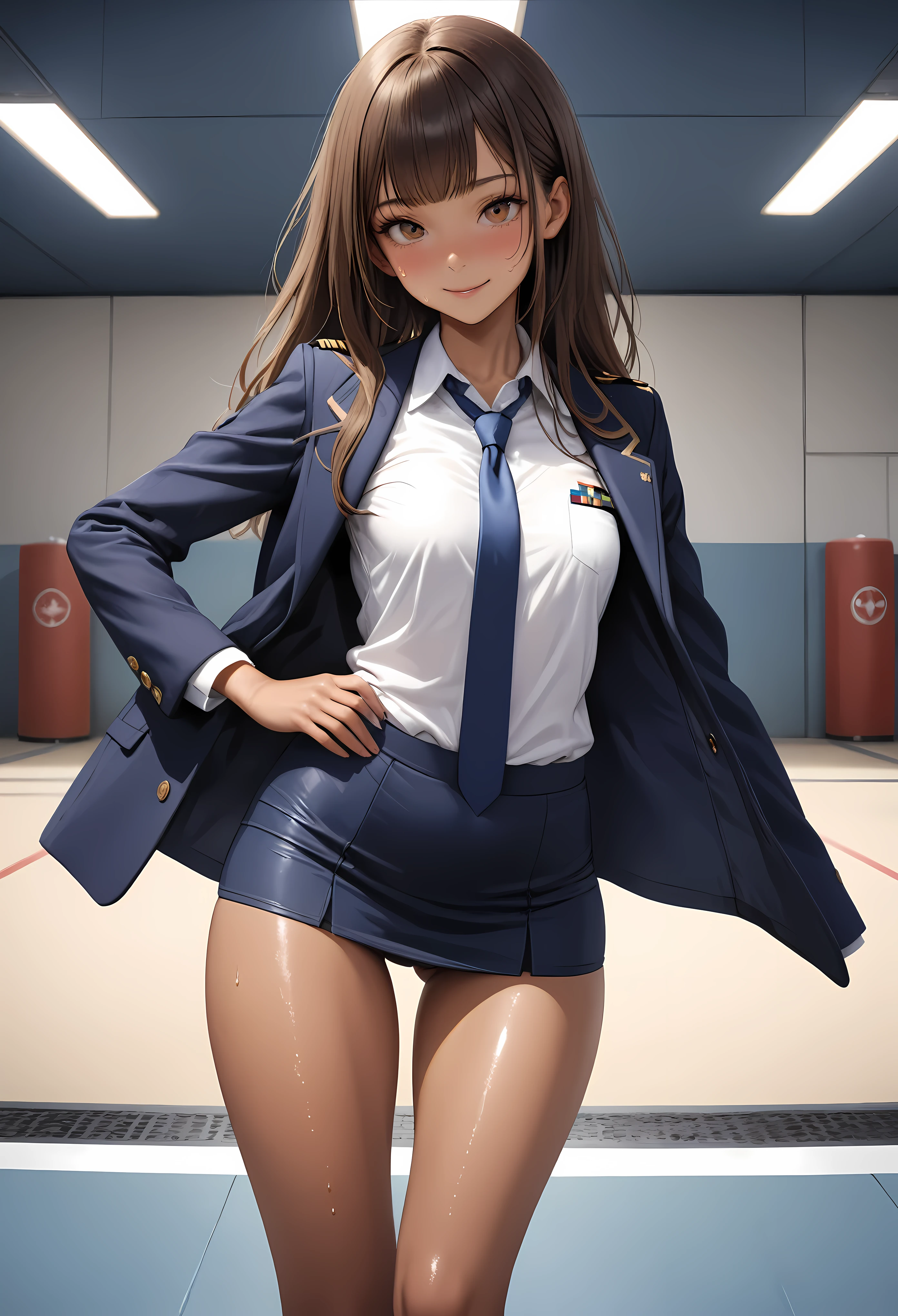 (masterpiece,Highest quality:1.3,best quality illustration,realistic),cowboy shot,1woman,20 year old Japanese beauty,((very small head:1.3)),Long brown hair,bangs,brown eyes,gorgeous eyes,blush,smile,small breasts,(very long bod:1.3),(toned body,slender body,skinny,tan skin),(Navy uniform navy blue blazer jacket、White Shirt、Navy blue tie、Navy blue tight mini skirt),gleaming skin,shiny skin,sweat,standing,Naval Base、Tokyo、