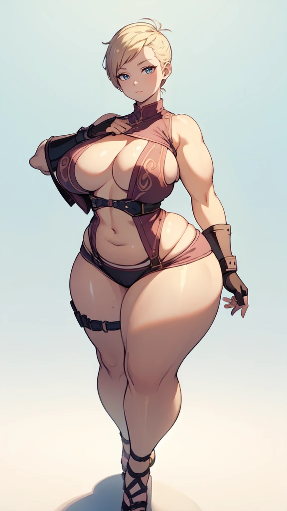 (masterpiece), best quality, female warrior, huge girl, female muscular:1.2, ((very short hair:1.6)), blonde hair, big breast, (curvy:1.8), (((blank background))), ((full body)), fingerless gloves, sandals, sleeveless, covered nipples, (underboobs:1.3), tshirt top, shaved hair, (buzzcut hairstyle), white socks
