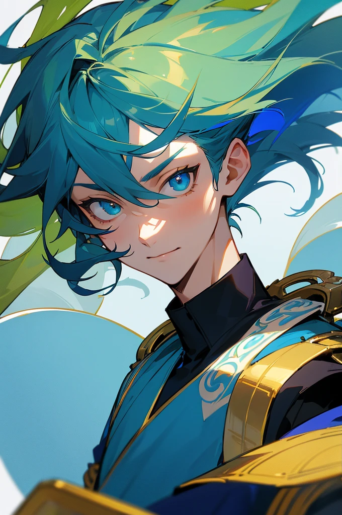 (high-quality, breathtaking),(expressive eyes, perfect face) 1boy, male, solo, young adult , medium blue hair, green coloured eyes, stylised hair, gentle smile, long length hair, loose hair, side bangs, curley hair, really spiky hair, spiked up hair, looking at viewer, portrait, ancient greek clothes, blue black and white tunic, white Chlamys, sleeveless, greek, blue and gold sash, ocean background, laurel accessory, slightly narrow eyes, masculine face, masculine eyes