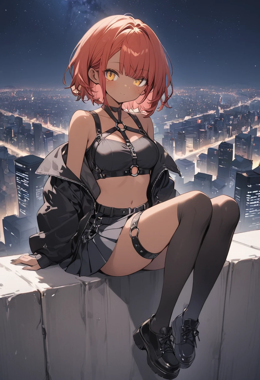 full body,1 girl, (cute:1.3),short red Hair, left eye blue, right eye yellow, tan skin, freckles, wearing open sexy clothes, black skirt, Black stockings, long sleeves, chest harness, black shirt, crop top, miniskirt, Shoes, O-Ring, midriff, off shoulder, medium breasts, thigh strap, pleated skirt, sitting on a ledge looking out at the city, at night, sky full of stars.
