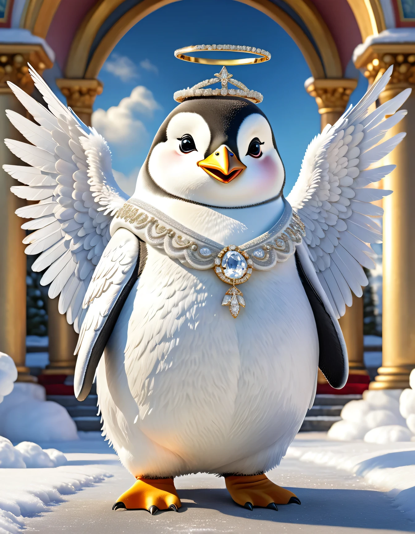 photorealistic portrait of Dressed animals-a ((fat)) ((penguin)) angel,(furry), (elegant pose:1.5), (hands on hips:1.5),(smile:1.5),high quality,(angel wings),(lovely) ,intricate details, Wearing angel clothes , (angel's ring above head), highly detailed ((angel wings)) ,highly detailed decorations of clothes, angel boots , (happy), soft lighting,(full body image:2.0),holy temple background,(clouds),