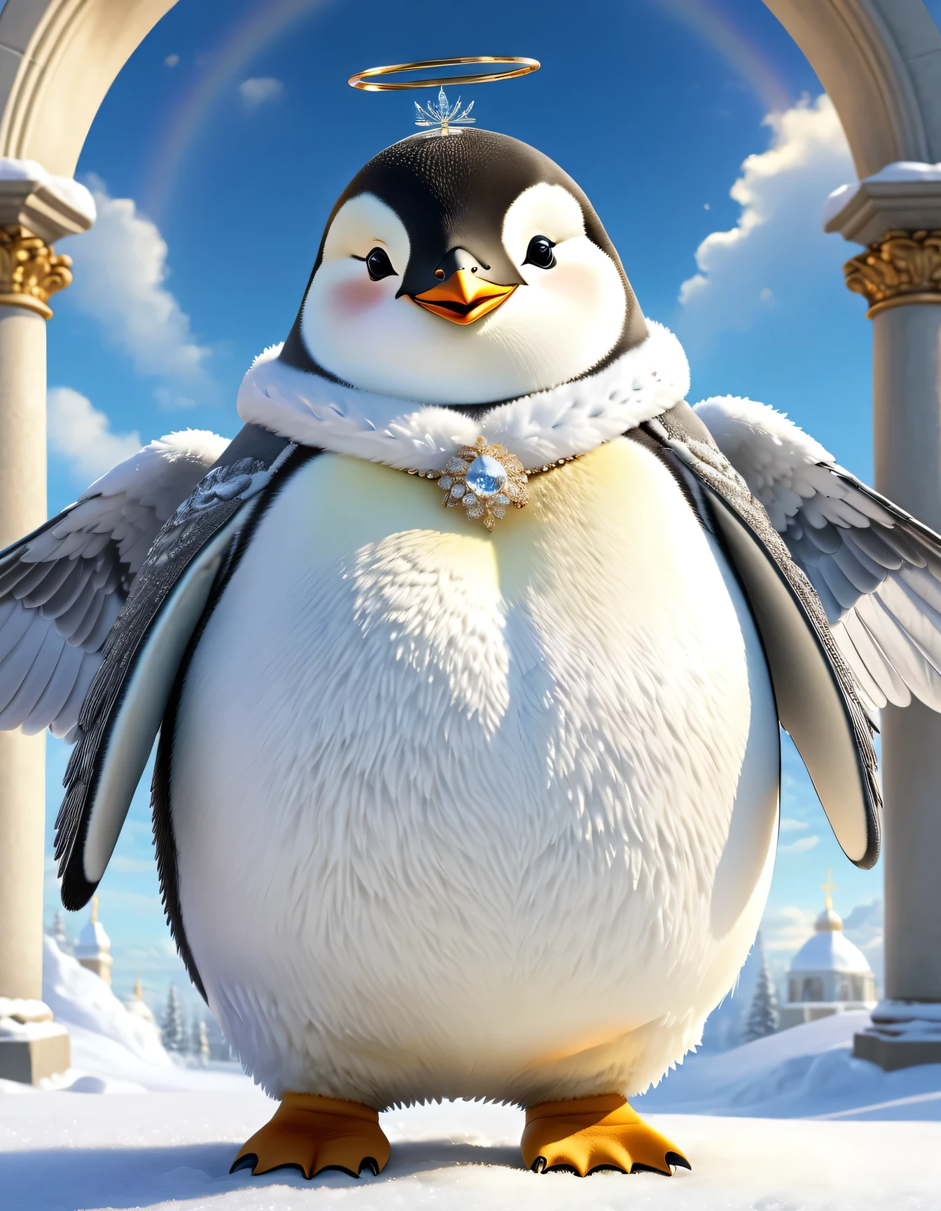 score_9, score_8_up, score_7_up, score_6_up, score_5_up, score_4_up, photorealistic portrait of Dressed animals-a ((fat)) ((penguin)) angel,(furry), (elegant pose:1.5), (hands on hips:1.5),(smile:1.5),high quality,(angel wings),(lovely) ,intricate details, Wearing angel clothes , (angel's ring above head), highly detailed ((angel wings)) ,highly detailed decorations of clothes, angel boots , (happy), soft lighting,(full body image:2.0),holy temple background,(clouds),